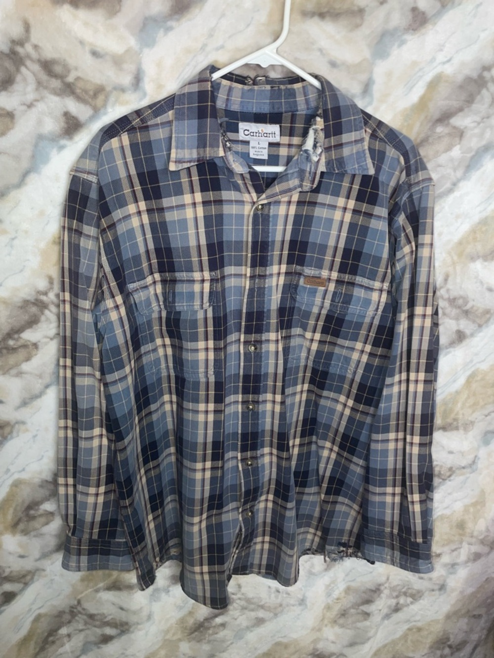 Carhartt Men’s Navy and Cream Plaid Button-Down Shirt